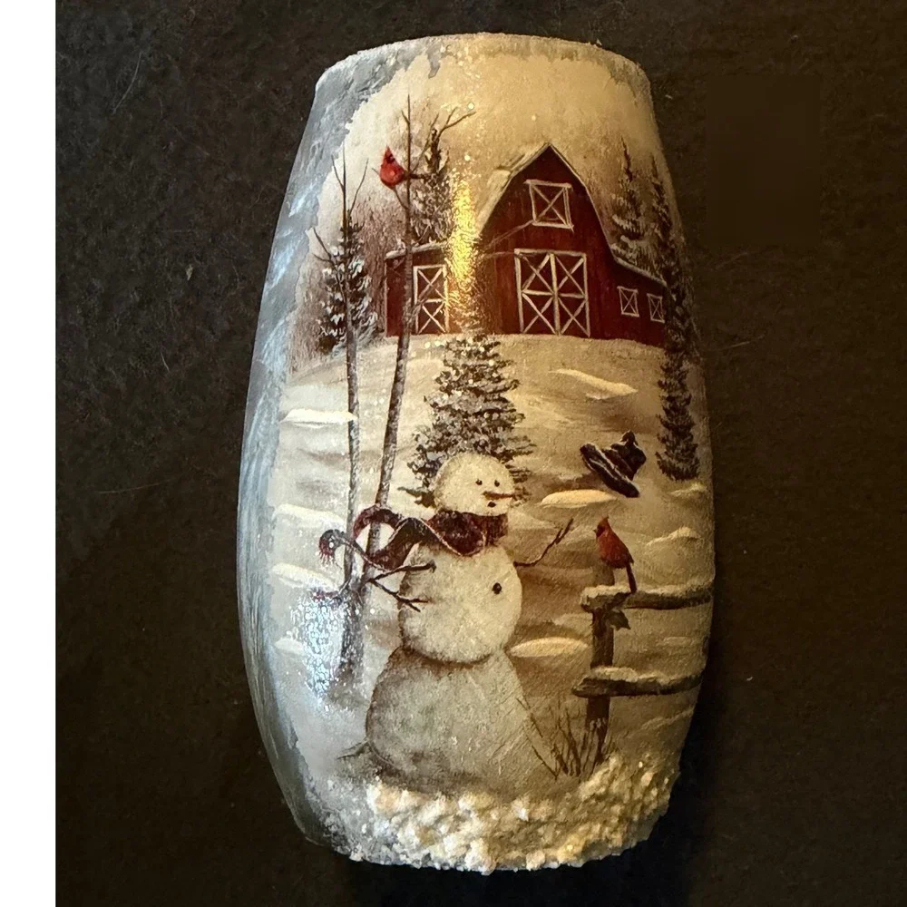 Stony Creek Lighted Glass Vase Snowman Red Barn Winter Scene 3204 Indoor Decor